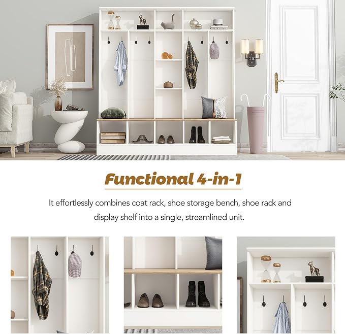 Merax 66.9" Wide Hall Tree with Storage Bench, Shoe Cabinet with Cube, & Shelves, Coat Rack with 8 Hooks for Entryways - Image 4