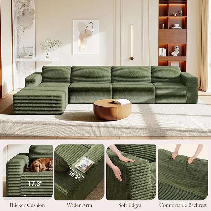 Vesgantti 159" Large Modular Sectional Sofa, L-Shaped Corduroy Cloud Couch with Deep Seats & Spring Support, 4-Seater Boneless Sofa with Movable Ottoman, No Assembly Needed, Green