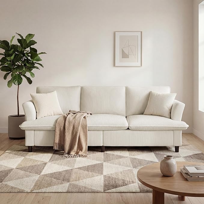 3 Seater Corduroy Couch, 89" Comfy Couch with Deep Seat, Modern Sofa Couch for Living Room, Office, Bedroom, Apartment (Pillows not Included) | Breathable material, Pet - friendly, Strong support