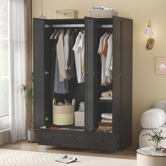 Armoire Wardrobe Closet with Drawers: 74" Black Wardrobe Closet with 3 Doors, Bedroom Armoires with 2 Drawers, Wood Closets Cabinet for Hanging Clothes (Black, 47")