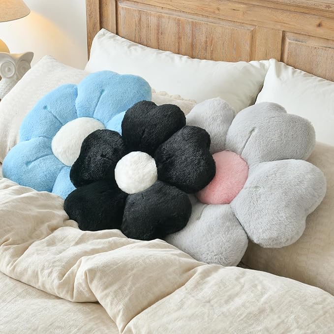 Flower Shaped Pillow, Cute Decorative Throw Pillows with Soft Rabbit Fur for Couch Bed Chair Floor, Christmas Pillow Seating Cushions with Room D??cor for Bedroom Living Room(19.6 Inches, Black)