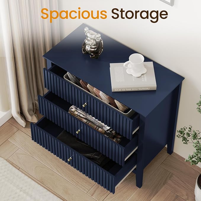 May in Color Large Blue 3-Drawer Dresser, 30 Inch Tall Painted Wood Nightstand with Storage, Wide Modern Chest of Drawers with Ball Bearing Slide for Bedroom Hallway Living Room Entryway Office - Image 7