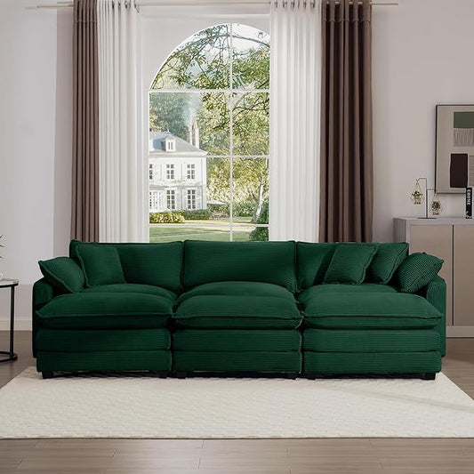 KEIKI 115" Oversized Corduroy Modular Sectional Sofa with 3 Ottoman, High-Density Foam Cushions, Removable Armrests, Upholstered 3-Seater Fluffy Corner Couch with 5 Pillow, for Living Room, Green