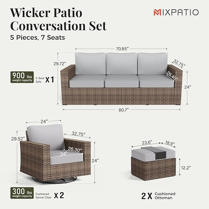 Patio Furniture Set, 5 Pieces Outdoor Furniture Sets, Wicker Rattan Conversation Sets with 2 Swivel Chairs and 2 Ottomans, High Back Conversation Set for Garden, Backyard, Pool, Grey