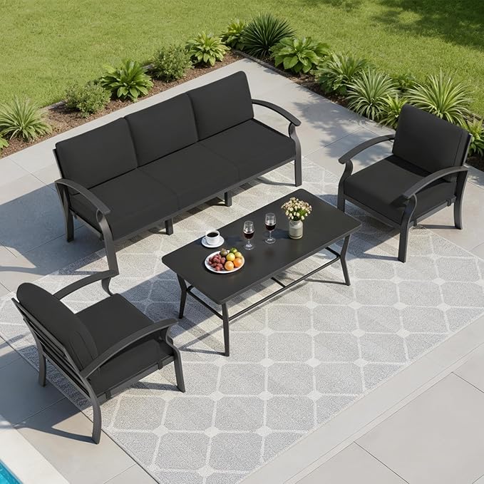 Aluminum Outdoor Patio Furniture Set,5 Seats Patio Conversation Sets with Rectangular Coffee Table,Metal Patio Sectional Furniture Set with 5.1" Thickened Cushions,Black