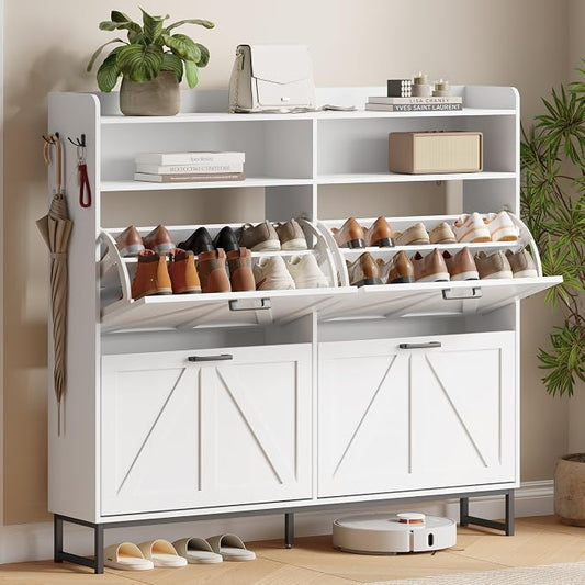 Shoe Cabinet with 4 Flip Drawers, Freestanding Hidden Shoe Storage Organizer for Entryway, Narrow Slim Shoe Rack Cabinet with Open Storage & Hooks for Front Door Entrance, Living Room, Hallway, White by Xixini