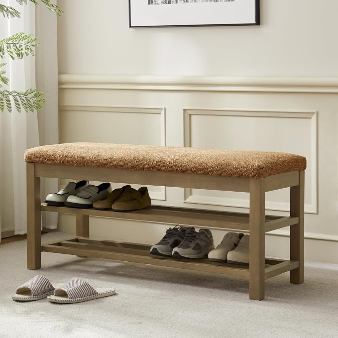 VKNOW Entryway Bench, 44.3” Upholstered Shoe Storage Bench for Bedroom, 2-Tier Storage End of Bed Bench with Rubberwood Legs for Living Room, Hallway, Orange by VKNOW