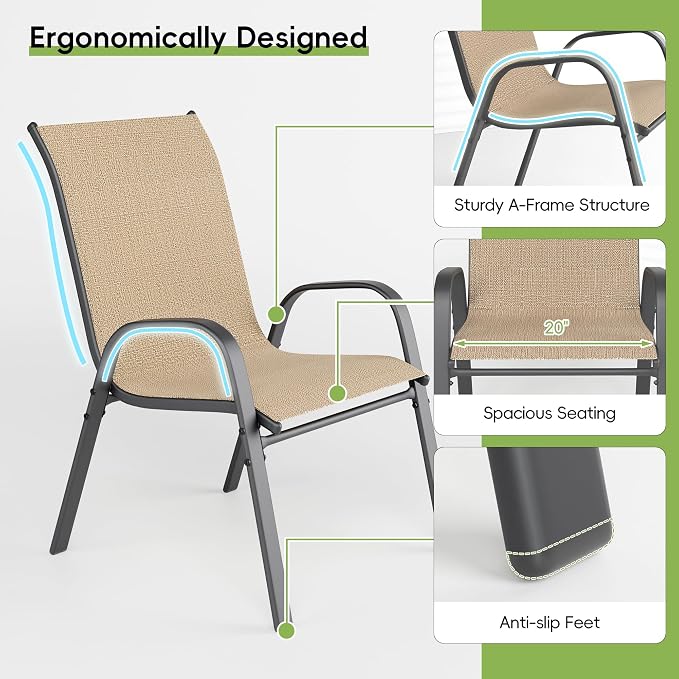 Patio Chairs Set of 4, Outdoor Dining Chairs Stackable for All Weather, Breathable Metal Modern Outside Furniture Chair for Pool Side, Garden, Backyard Deck, Brown - Image 6