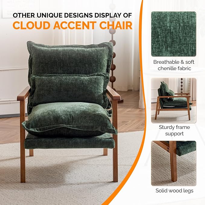 VINGLI Mid-Century Modern Cloud Accent Armchairs set of 2 with Lumbar Pillow, 6.3'' Thick Seat Cushion Reading Chairs with Wooden Armrests,Boho Lounge Chair for Bedroom,Living Room,Chenille,Dark Green