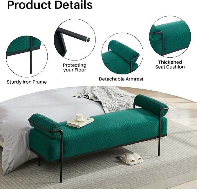 SOFTHION Entryway Bench End of Bed Bench 61.2",Modern Upholstered Bench Ottoman,Corduroy Paded Footrest Stool with Metal Legs for Living Room, Foyer Mudroom Hallway,Green - Image 3