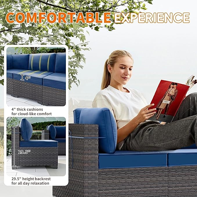 Gotland 8 Pieces Patio Furniture Set with Fire Pit Table, All Weather Rattan Outdoor Furniture with 29.5'' High Backrest 4’’ Thick Cushions Coffee Table, Outdoor Sectional for Porch, Deck, Navy