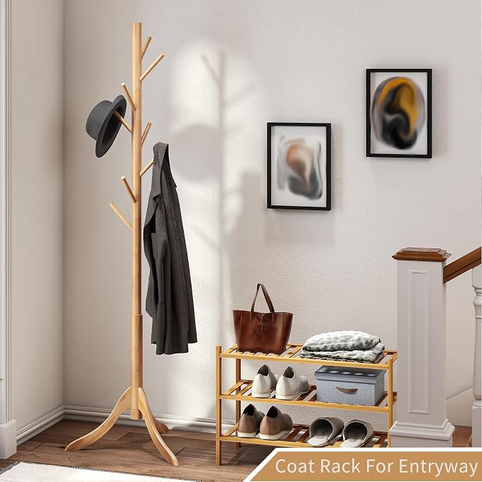 Coat Rack Freestanding, Coat Stands Entryway, Bamboo Coat Rack Hat Hanger 8 Hook for Jacket, Purse, Scarf Rack, Umbrella Tree Stand (Natural) - Image 4