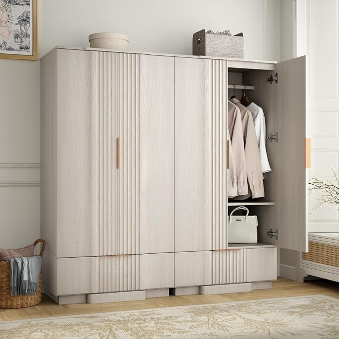 Yechen 67" Fluted Armoire Wardrobe Closet with Doors and Drawer, Wooden Wardrobe Cabinet with Adjustable Shelve, Modern Small Armoires for Hanging Clothes Coats for Bedroom, White Grey