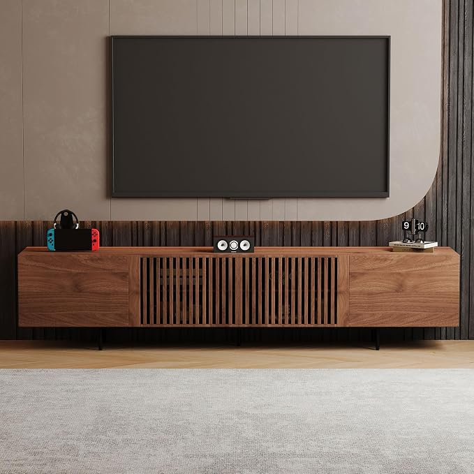94.48" Mid-Century Modern TV Stand, Walnut Media Console with 4 Storage Cabinets, Entertainment Center for TVs up to 100 Inches, Ideal for Living Room or Bedroom - Image 4