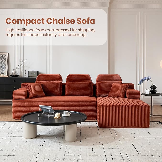 104" L-Shaped Cloud Modular Sectional Sofa with Chaise & Headrest, Boneless Deep Seat Plush Corduroy Couches for Large Living Room, No Assembly Required (Orange, 104" L-shapred Chaise)