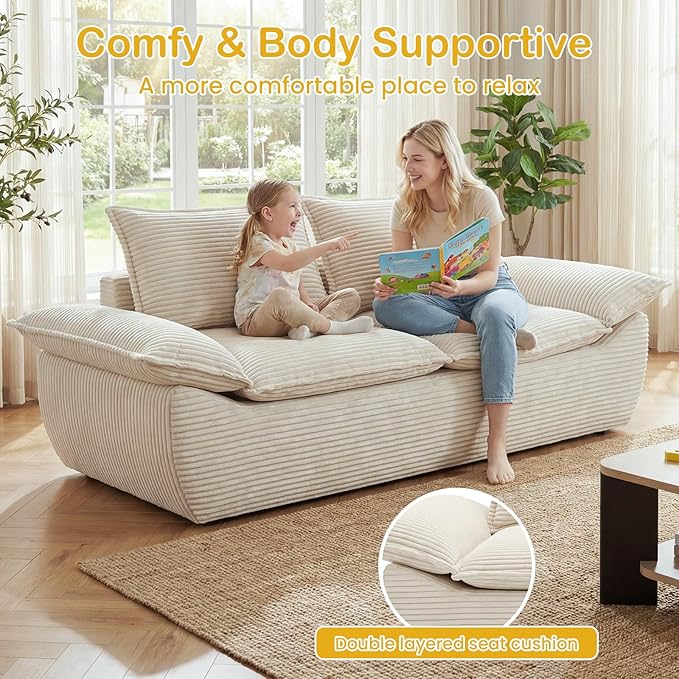 59" Boneless Loveseat Sofa, 2-Seater Beige Boneless Sofa with Removable Cushions & 2 Pillows, Small Couch Boneless Compress Foam Sofa for Living Room, Apartments, & Office