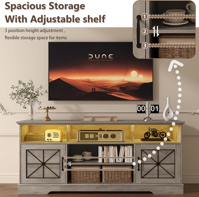 TV Stand for 65 Inch TV, Farmhouse Entertainment Center with RGB LED Lights, 59 Inch Media Console with Adjustable Center Shelf and Storage Cabinets, Rustic Barn Door Style - Image 5
