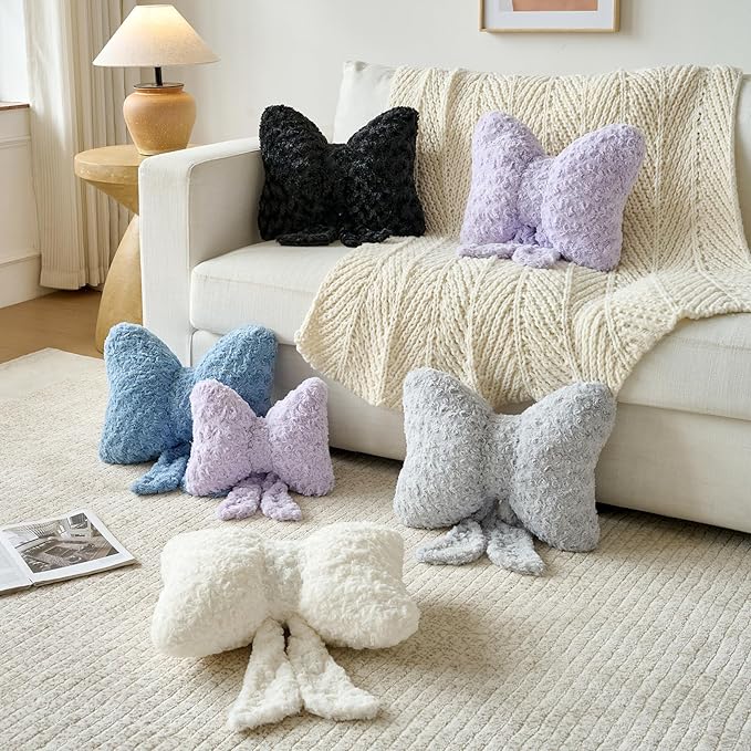 Bow Pillow, Decorative Bow Pillows with Soft Plush for Couch Bed, Bow Shaped Throw Pillow Room Decor for Bedroom, Bow Decorative Pillow for Living Room (Lavender Purple, Small-12 Inches)