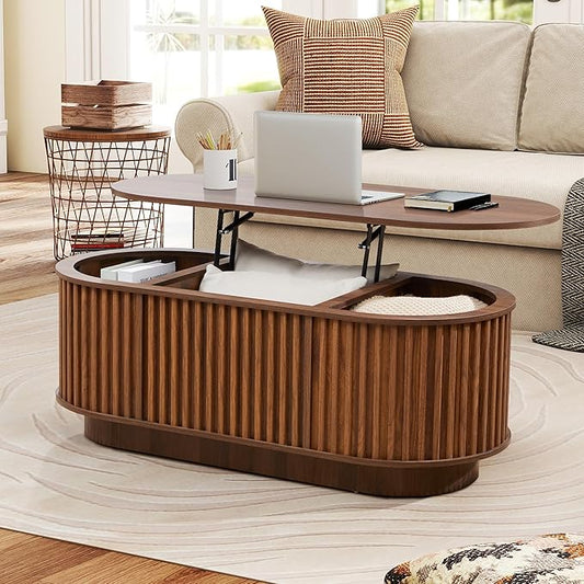 Oval Lift Top Coffee Table with Storage, 43.3”Mid Century Modern Center Table with Hidden Compartment, Fluted Wooden Lift Tabletop Dining Tables for Living Room Apartment Home Office,Walnut
