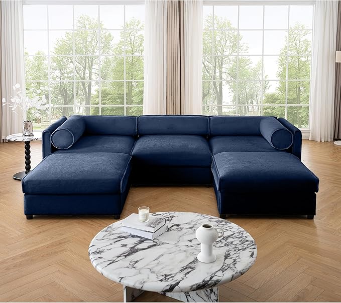 KEIKI 109" U-Shaped Modular Chenille Sectional Sofa with Storage Seat, 2 Ottoman, Modern 3-Seater Couch with Cylindrical Backrest and Armrests, Easy Assembly, for Apartment, Living Room, Blue
