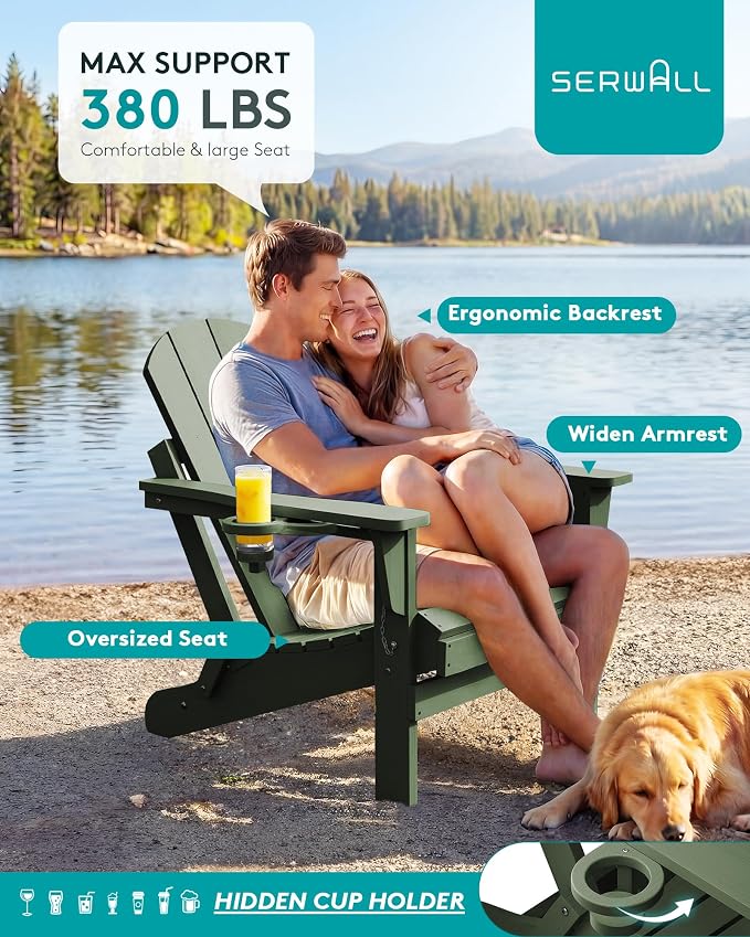 SERWALL Foldable Adirondack Chair with Cup Holder Set of 2 for Patio Garden Outdoors Fire Pit Chairs-Avocadogreen - Image 7