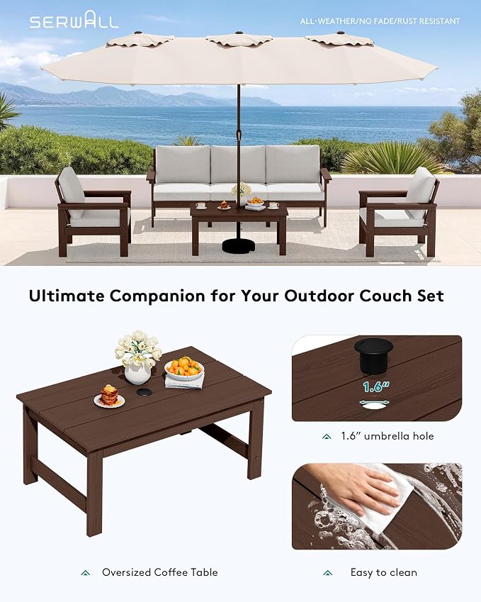 SERWALL HDPE Patio Coffee Table, Rectangle Outdoor Coffee Table, All-Weather Coffee Side Table for Balcony, Poolside, Deck, Garden, Coffee Brown - Image 7