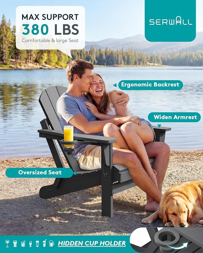 SERWALL Folding Adirondack Chair with Cup Holder Set of 6, Weather Resistant HIPS Lawn Chairs, Wooden Textured, Fire Pit Chairs for Backyard, Garden, Fire Pit- Gray - Image 5