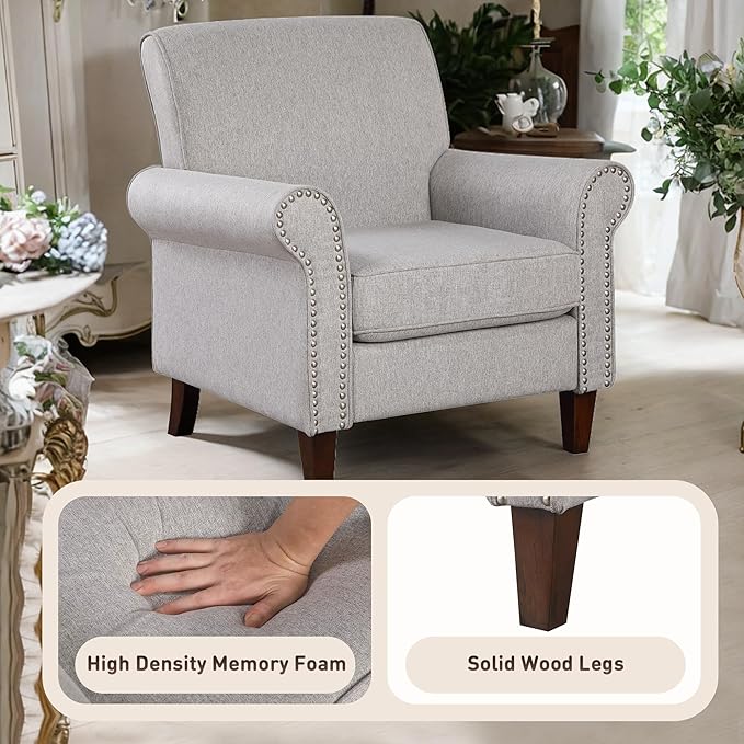 Prilinex Upholstered Living Room Chair Set of 3 - Large Comfy Fabric Accent Chair Single Sofa with Cushion, Rolled Armrest & Nailhead Trim, Mid Century Modern Armchair for Bedroom, Office, Grey