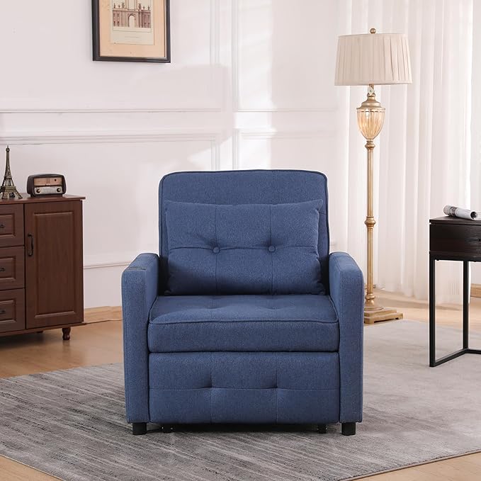Ball & Cast 3 in 1 Sleeper Sofa Bed,Convertible Pull Out Couch with USB Ports and Side Pocket,Single Sofa Chair W/Adjustable Backrest,Futon Chaise Lounge for Living Room,Apartment,Blue,31"