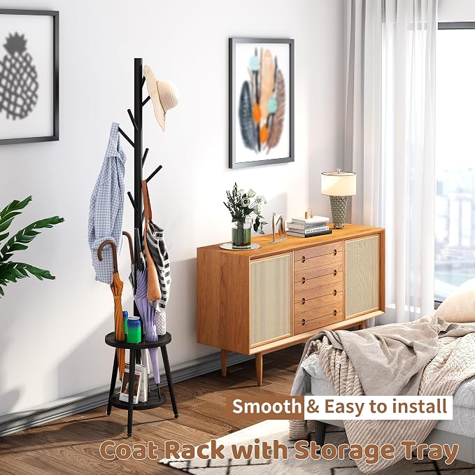 FILWH Freestanding Coat Rack with Umbrella Organizer Tray Bamboo Coat Tree Rack with 8 Hook Stand for Clothes Bag Hats Entryway Hanger Stand(Black) - Image 3