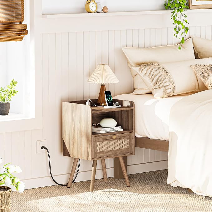 SUPERJARE Nightstand with Charging Station & Rattan-Like Decor Drawer, Rattan End Table with Solid Wood Feet, Bed Side Table with Open Storage, for Bedroom, Living Room, Dormitory, Walnut - Image 2