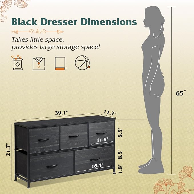 WLIVE Dresser for Bedroom with 5 Drawers, Wide Chest of Drawers, Fabric Dresser, Storage Organizer Unit with Fabric Bins for Closet, Living Room, Hallway, Charcoal Black Wood Grain Print - Image 3