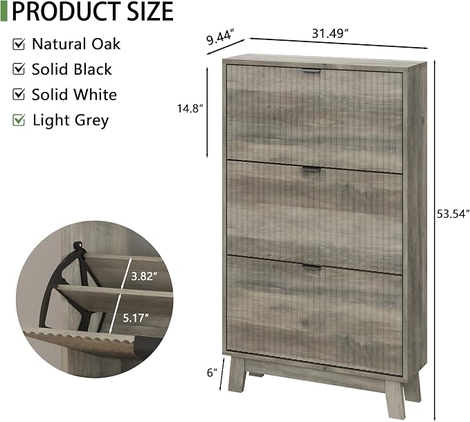 Xixini Shoe Cabinet with 3 Flip Drawers, 54" Tall Narrow Fluted Shoe Storage Organizer for Entryway, Hidden Slim Wooden Shoe Rack Cabinet for Front Door Entrance, Hallway, Living Room, Light Grey - Image 2