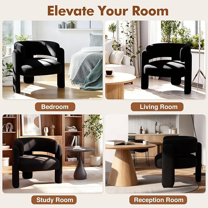 Accent Chair for Living Room, Modern Sherpa Barrel Chair, Upholstered Living Room Chairs with 3 Legs, Comfy Armchair Reading Side Chair for Bedroom, Office, Apartment, Black