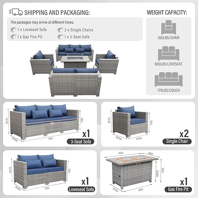 WAROOM Patio Furniture Set 5 Piece Outdoor Furniture with Fire Pit Table, Grey Wicker Sectional Sofa Couch Sets Backyard Deep Seating PE Rattan Chairs with Navy Blue Cushion