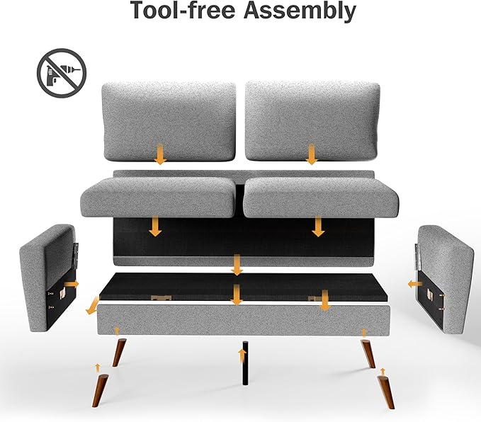 Vipbear 68" Loveseat Sofa Light Gray Fabric Couch, Mid-Century Modern Loveseat Comfy Sofa with Spring Cushion, Solid Wood Frame, Tool-Free Assembly (Light Gray, Fabric)
