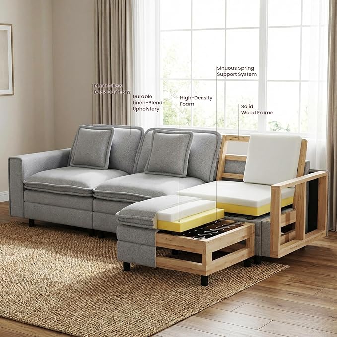 Modular Sectional Sofa 107", Comfy Cloud Couch with Ottoman, Deep 4-Seat L Shaped Modular Sofa, Couches with Throw Pillows for Living Room, Light Grey