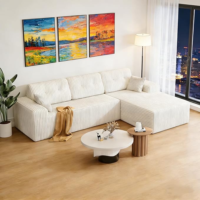 Ball & Cast 106‘’ Cloud Couch Sectional,Corduroy Upholstered Boneless Modular Sectional Sofa, L-Shaped Couch w/Soft and Wide Armrest,Sectional Couches for Living Room,Right Facing Chaise (Beige)