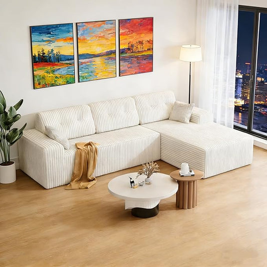 Ball & Cast 106‘’ Cloud Couch Sectional,Corduroy Upholstered Boneless Modular Sectional Sofa, L-Shaped Couch w/Soft and Wide Armrest,Sectional Couches for Living Room,Right Facing Chaise (Beige)