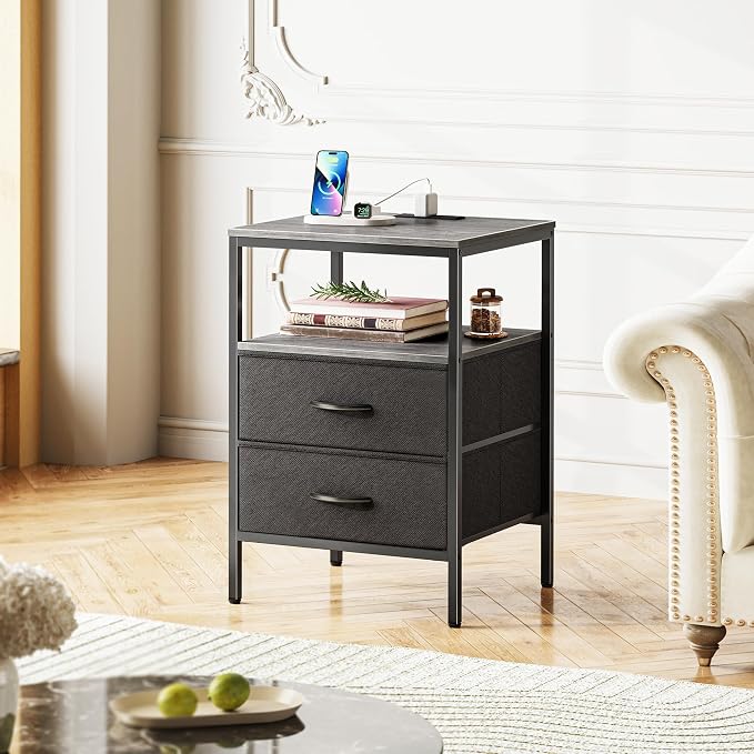 Huuger Night Stand with Charger Station, 27.7 Inch Tall Nightstand, Bed Side Table with 2 Fabric Drawers, Fabric Drawer Dresser for Bedroom, Living Room, Grey - Image 8
