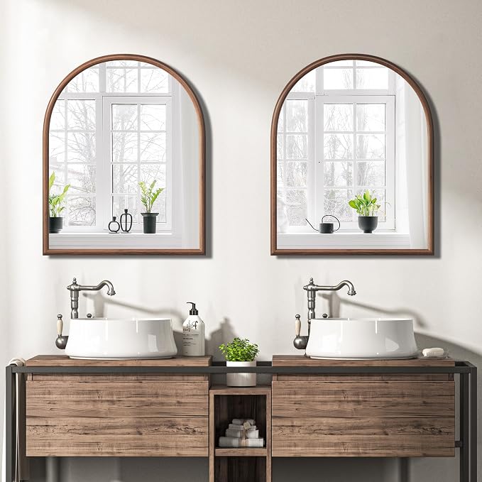 28"x32" Arch Wall Mirror for Wall, Wall Mounted Vanity Mirror for Bedroom, Wood Grain Finish Frame Mirror with Tempered Glass, Vintage Decorative for Bathroom, Entryway, Living Room, Walnut - Image 2