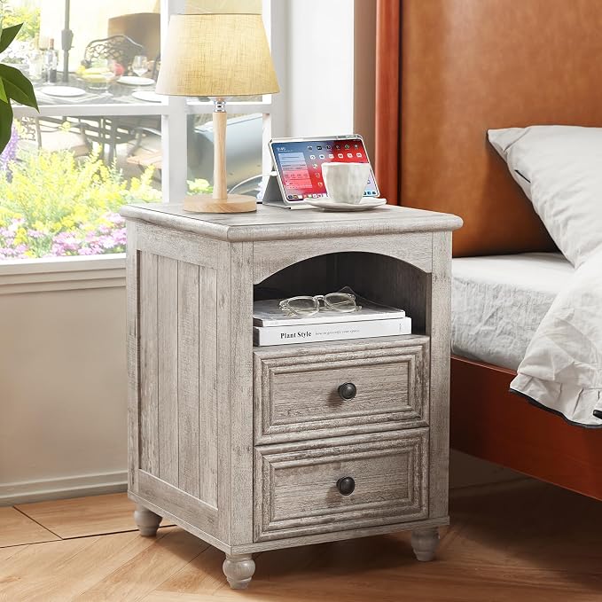 RWYHG 18" Farmhouse Night Stand with Charging Station, Gray Wood Nightstand with 2 Drawers, Bedside End Table with Shelf Storage, Bed Side Tables Cabinet for Bedroom, Living Room, and Closet - Image 3