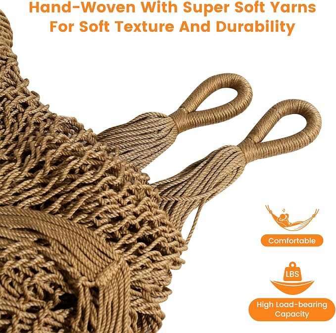 Lazy Daze Hammocks Handwoven Mayan Hammock, 10.5 FT Soft Rope Double Hammocks, Portable Outdoor Hammock with Carry Bag, 2 Straps & Carabiners for Patio Outside, 550 lbs Weight Capacity, Tan - Image 4