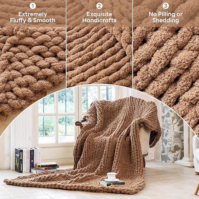 Chunky Knit Blanket - Luxury Soft Cozy 80 * 90 Throw Blanket,100% Woven Blanket Rope Knot Throw Blanket for Couch, Sofa, Home Decor, Gift - Machine Washable (Brown, 80 * 90)