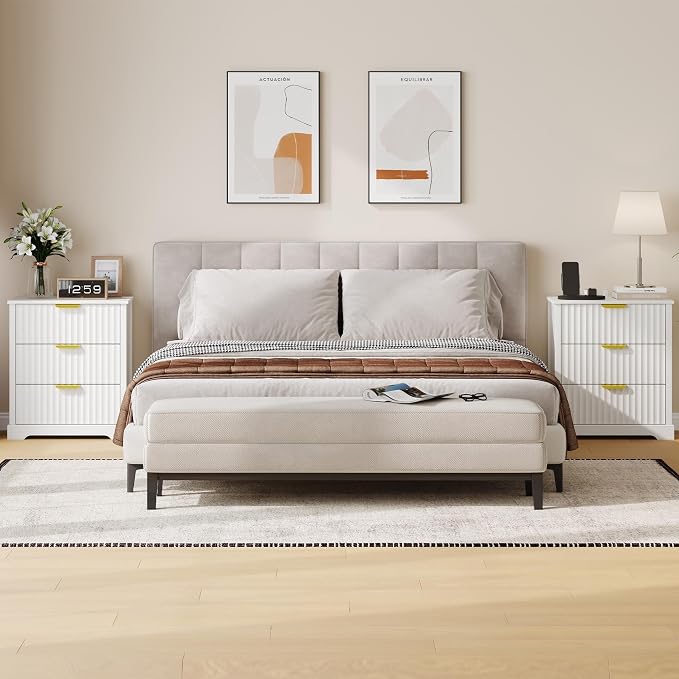 Fluted Nightstand with Charging Station, Modern Night Stand with 3 Drawers and Metal Handles, Large Bedside Table for Bedroom, White - Image 8