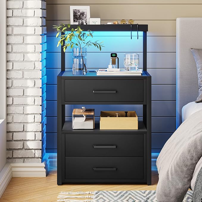 AOGLLATI Nightstand Set of 2 with Charging Station and LED Lights, Bedside Table with 3 Drawers and Open Storage Shelves, 2 USB Ports and 2 AC Outlets, LED Night Stand for Bedroom, 2 Pack, Black - Image 2