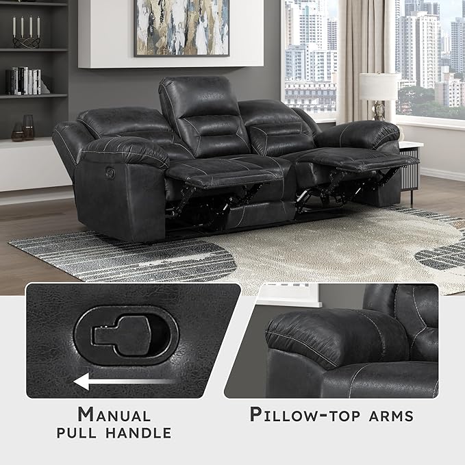 Lexicon Double Recliner Sofa for Living Room, Wall Hugger Manual Reclining Couch Sofa, Textured Microfiber Upholstered Dual Reclining Sofa, Home Theater Seating, Required Assembly, Black