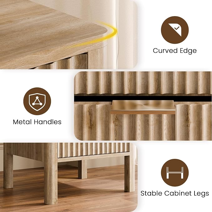 MODNEST 18" Fluted Nightstands Set of 2, Bed Side Tables with Drawers for Bedroom Mid Century Modern Night Stand Wood Nightstand Small End Table Bedroom Set, Oak - Image 4