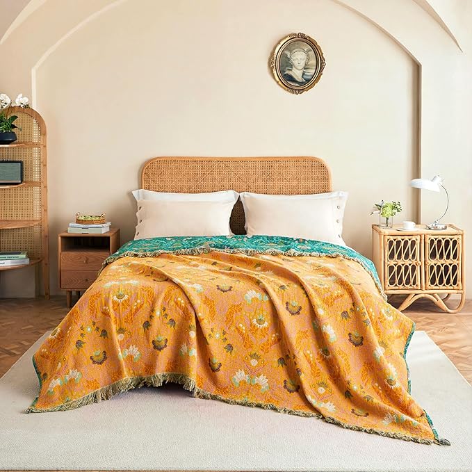 Boho Throw Blanket - 100% Cotton Soft Throw Blanket for Bed, 60"x80" Reversible Breathable Lightweight Spring Blankets, All Seasons Farmhouse Decor Floral Throw Quilt