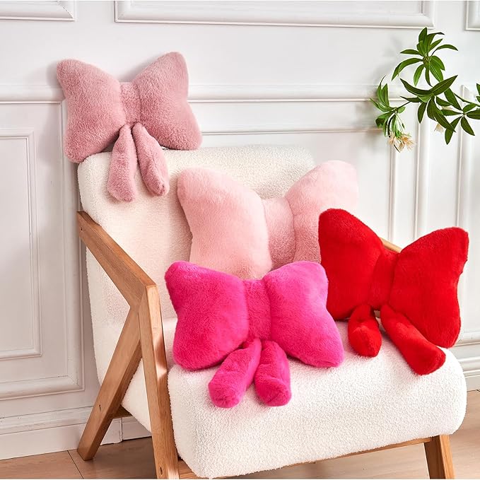 XVTRU Dusty Pink Bow Pillow, Soft Bow Decorative Pillows with Faux Rabbit Fur, Cute 12" Bow Throw Pillows, Aesthetic Home Decor Bow Shaped Plush Pillow for Bedroom Sofa Couch